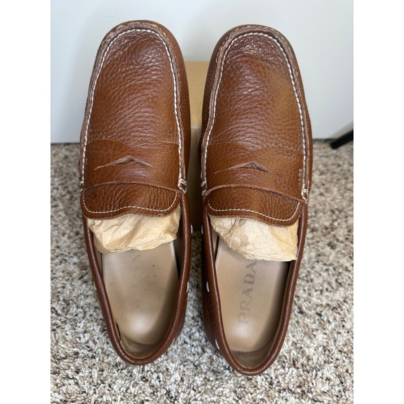 Prada Mens Brown Pebbled Leather Driving Loafers Penny Moccasins 2D‎ 1102 Size 8